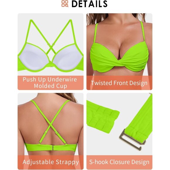 Women's Neon Green Push Up Bikini Tops Ruched Twist Front Underwear Top Swimsuit - Picture 6 of 8